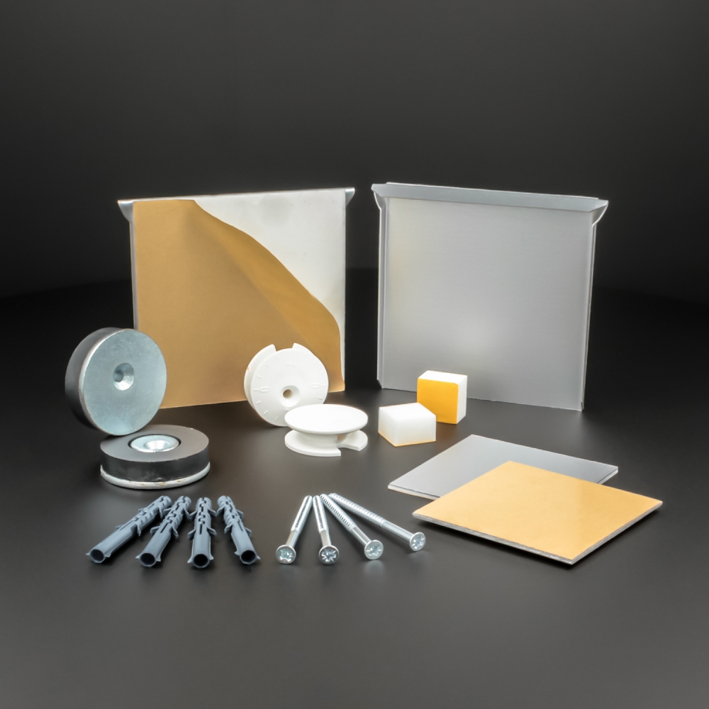 Bildhalter-Set - Spiegelblech selbstklebend 10x10cm + Magnet - 10kg